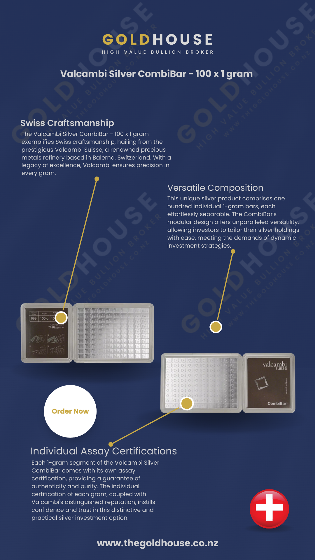 Information - Valcambi Silver CombiBar - 100 x 1 gram - www.thegoldhouse.co.nz Information on 100x1 Gram Valcambi Silver CombiBar at The Gold House