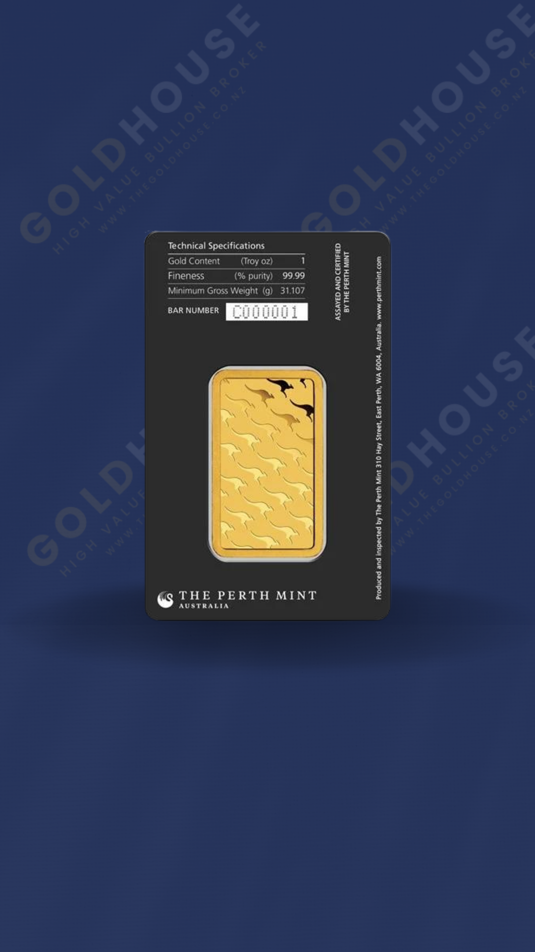 Back View of Perth Mint 1 oz Gold Minted Bar at The Gold House