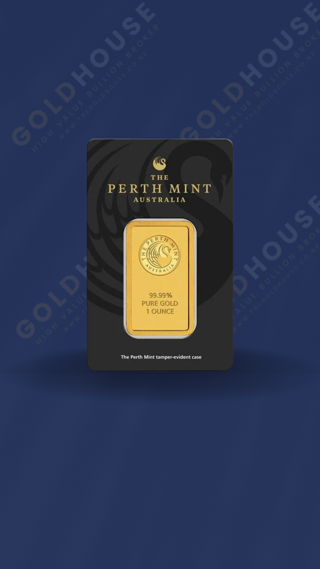 Front View of Perth Mint 1 oz Gold Minted Bar at The Gold House