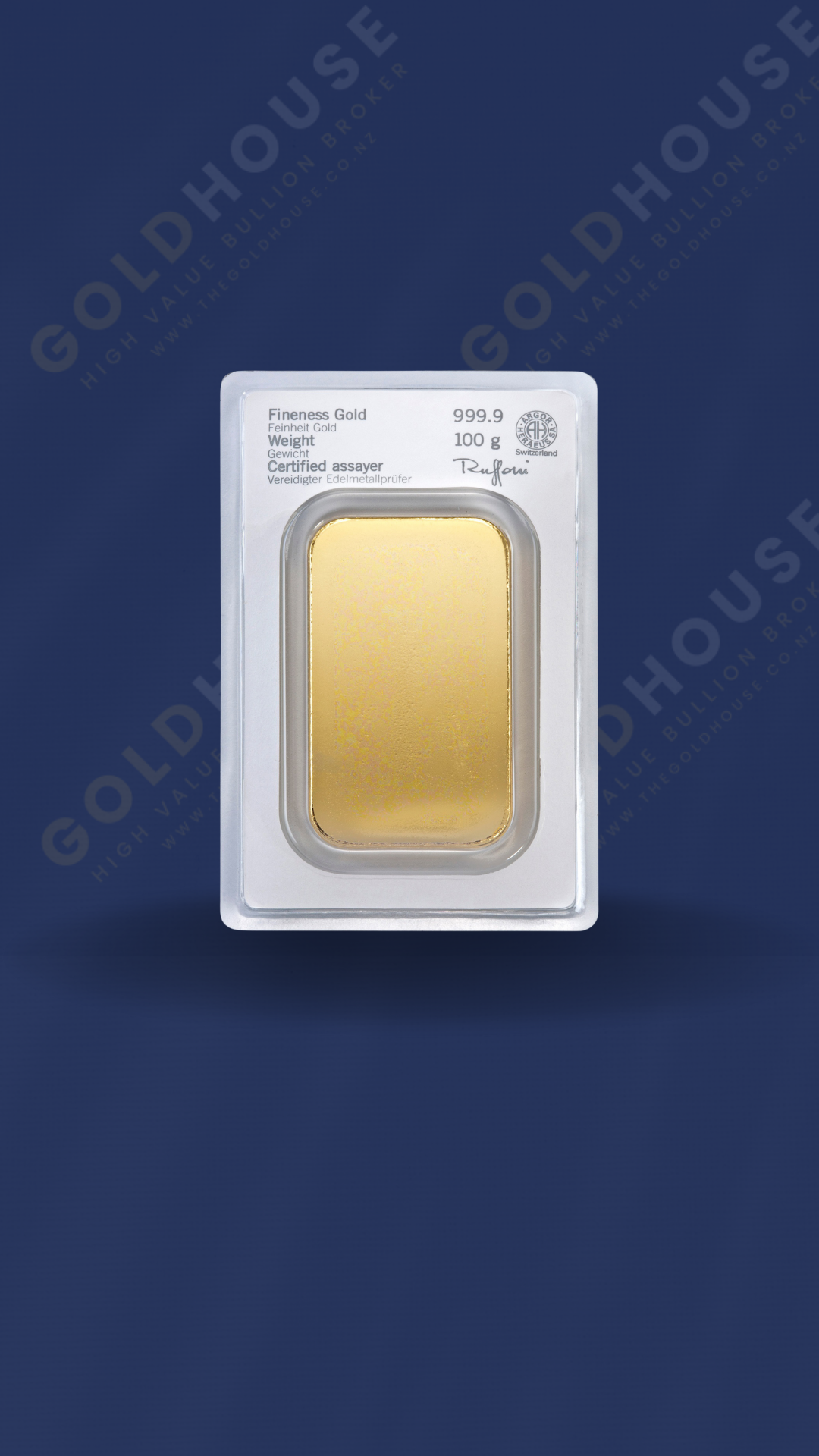 Back View of 100 Gram Heraeus Gold Bar at The Gold House