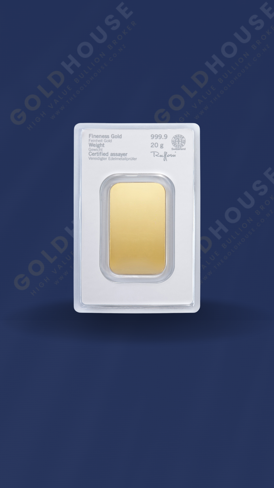 Back - Heraeus 20 Gram Gold Bar - www.thegoldhouse.co.nz Back View of Heraeus 20 Gram Gold Minted Bar at The Gold House