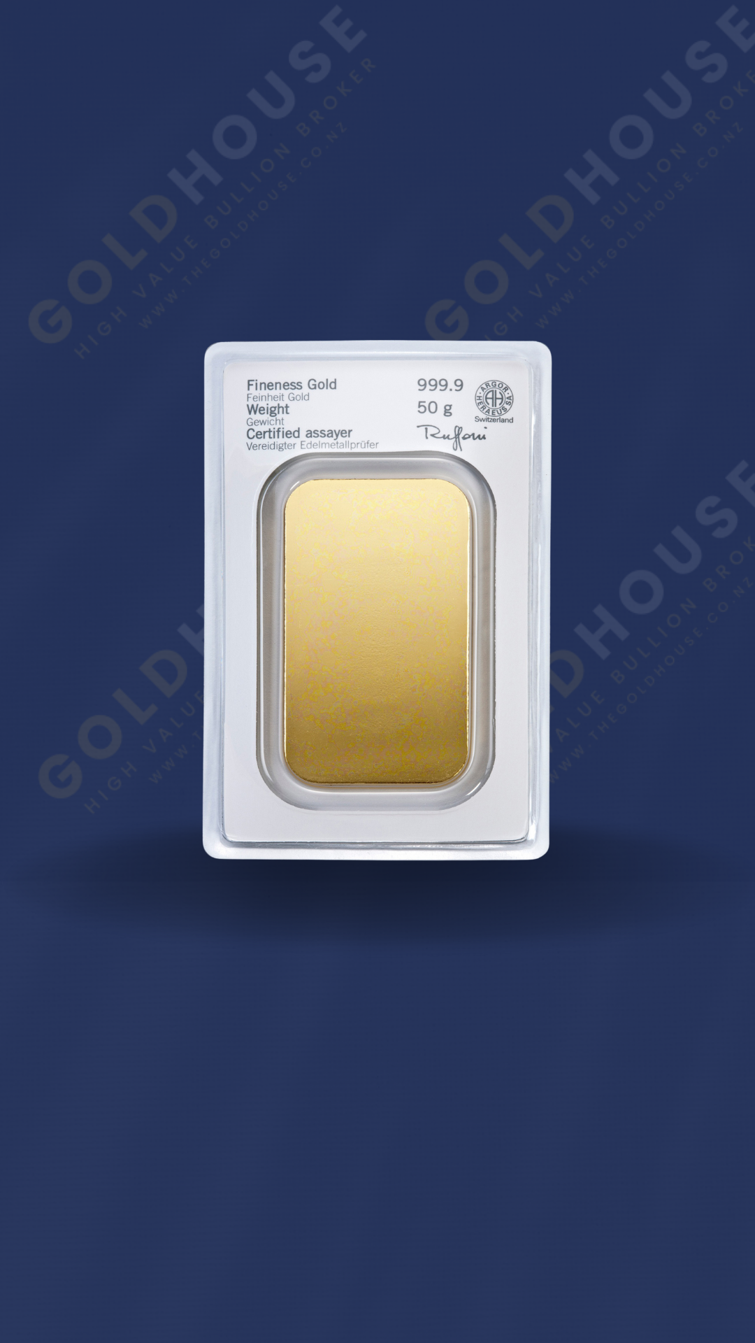 Back - Heraeus 50 Gram Gold Bar - www.thegoldhouse.co.nz Back View of Heraeus 50 Gram Gold Minted Bar