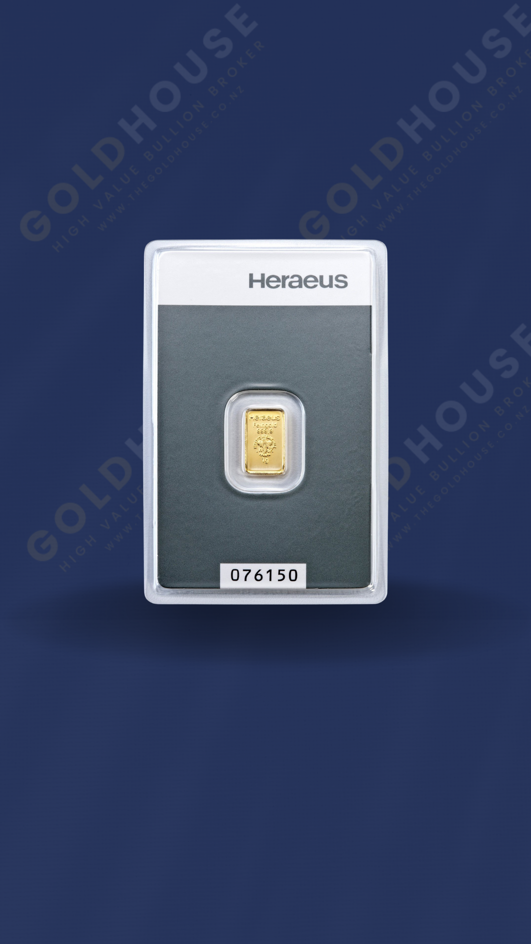 Front View of Heraeus 1 Gram Gold Minted Bar at The Gold House