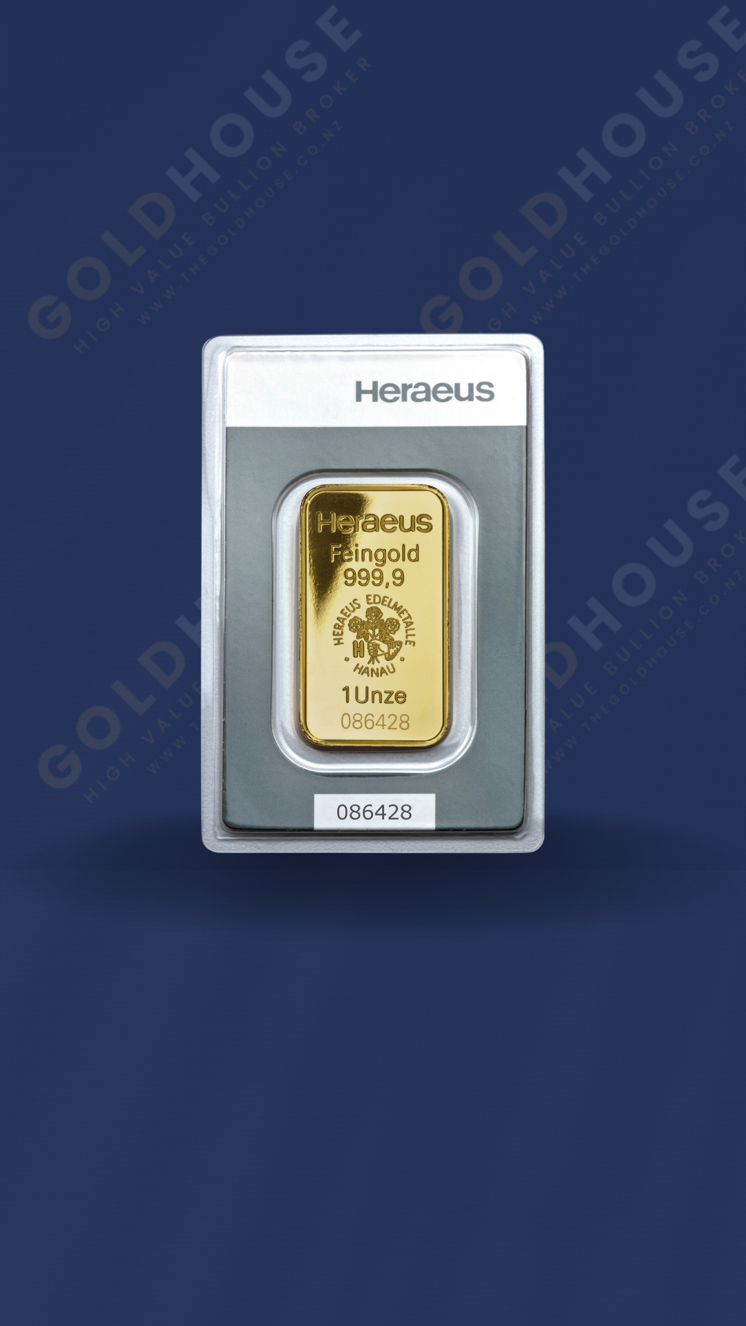 Front View of Heraeus 1 oz Gold Minted Bar at The Gold House