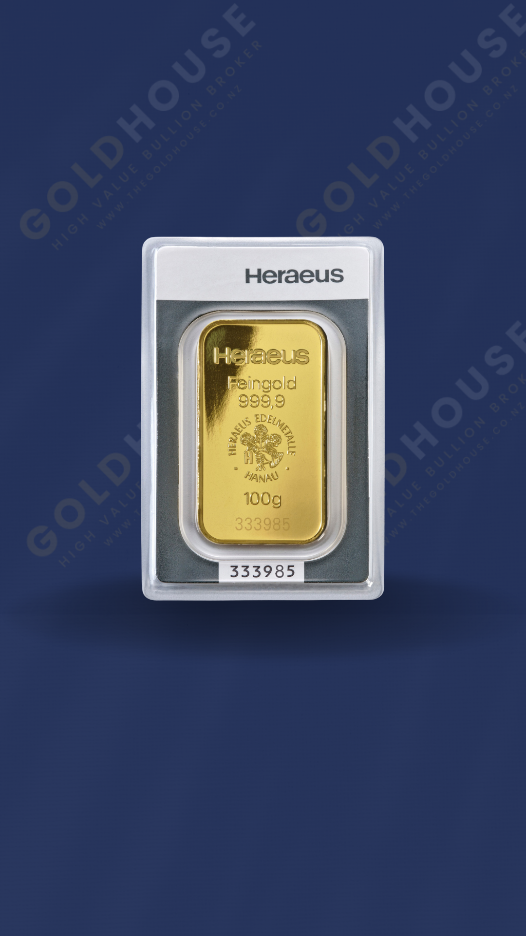 Front View of 100 Gram Heraeus Gold Bar at The Gold House