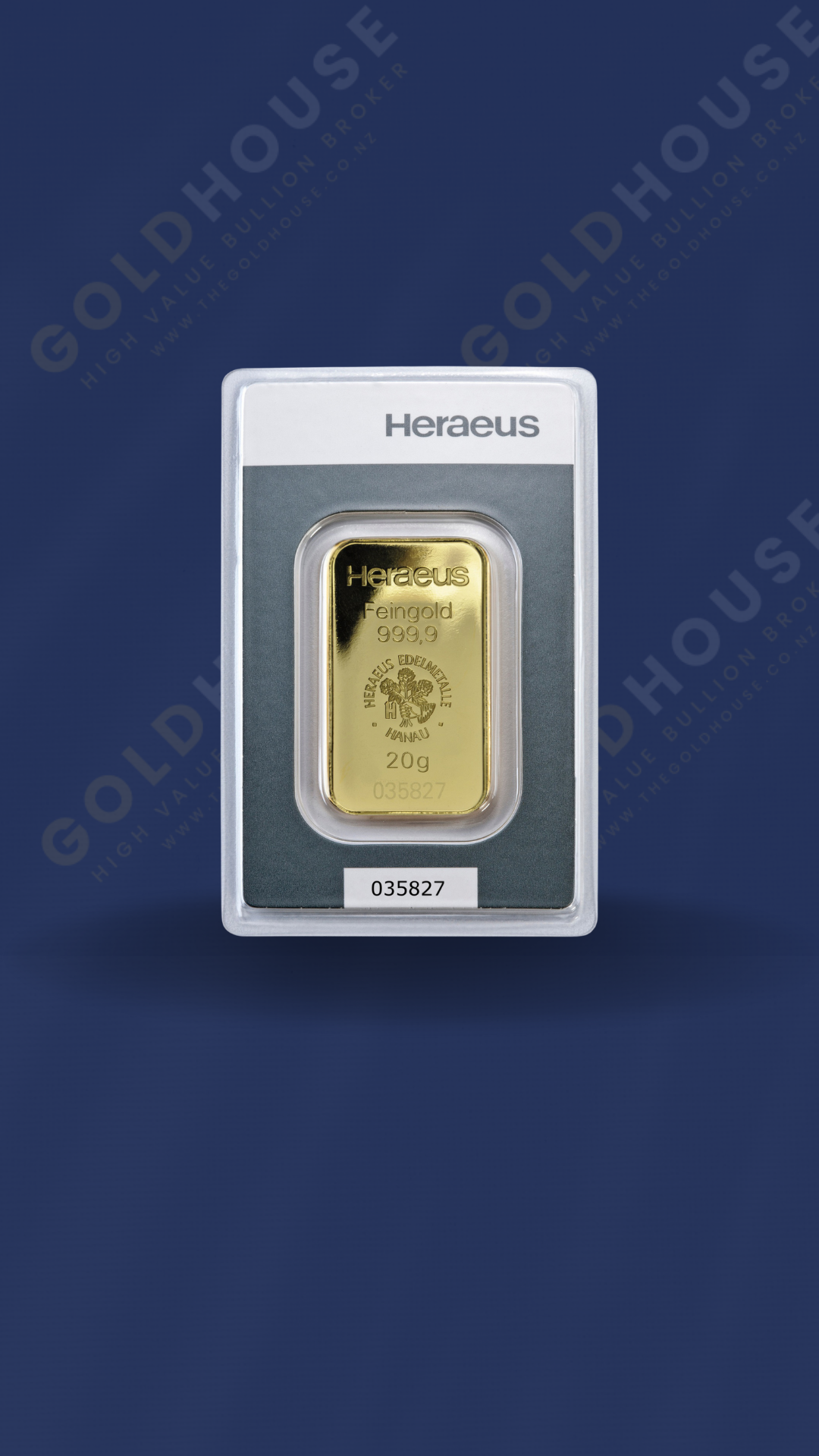 Front -Heraeus 20 Gram Gold Bar - www.thegoldhouse.co.nz Front View of Heraeus 20 Gram Gold Minted Bar at The Gold House