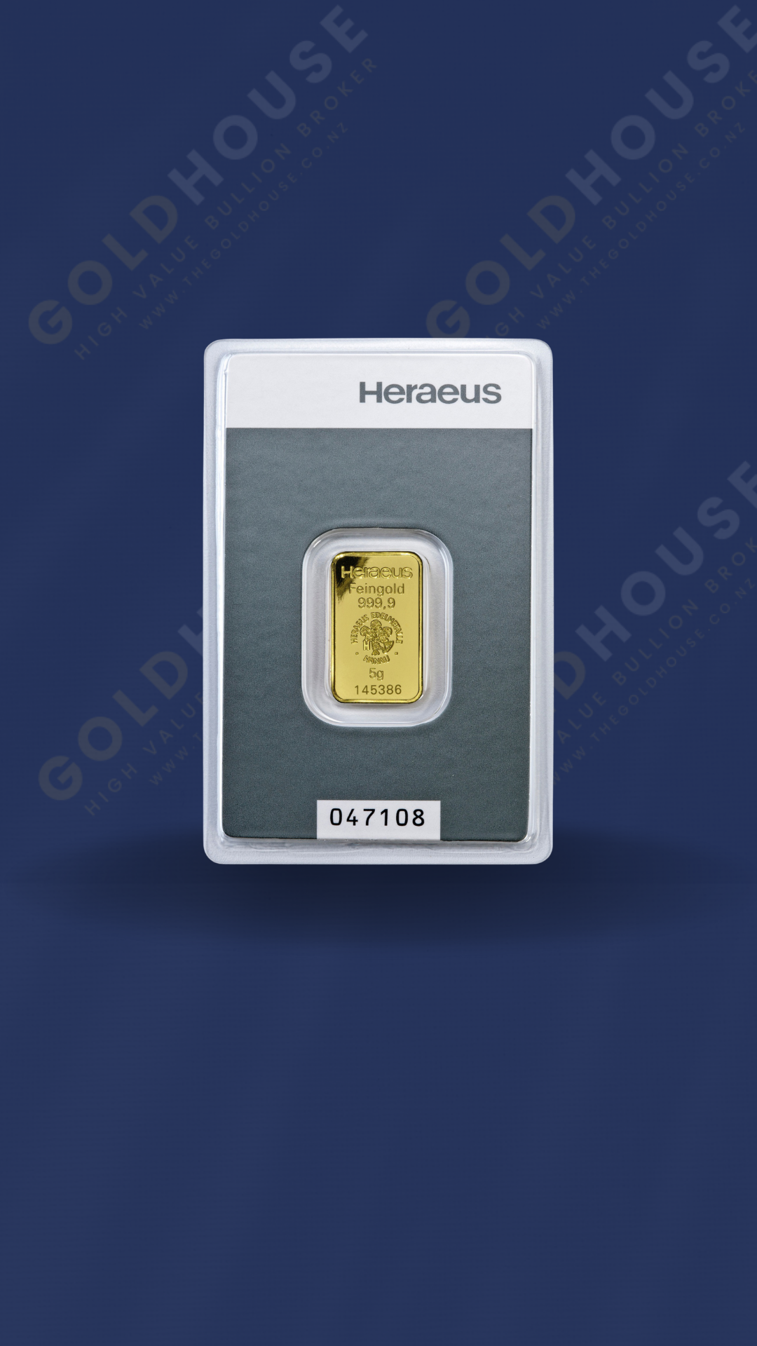 Front -Heraeus 5 Gram Gold Bar - www.thegoldhouse.co.nz Front View of Heraeus 5 Gram Gold Minted Bar at The Gold House