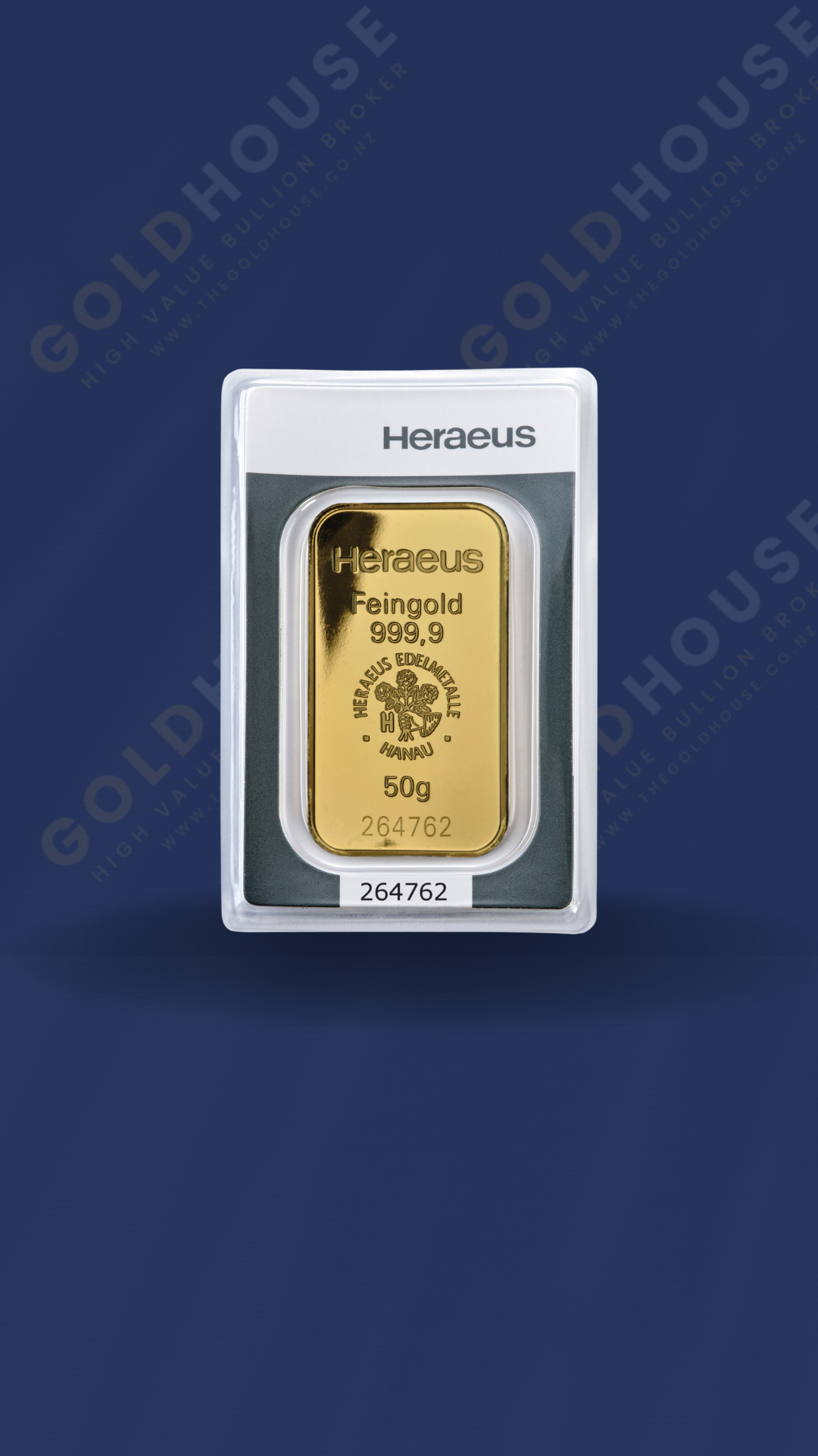 Front -Heraeus 50 Gram Gold Bar - www.thegoldhouse.co.nz Front View of Heraeus 50 Gram Gold Minted Bar