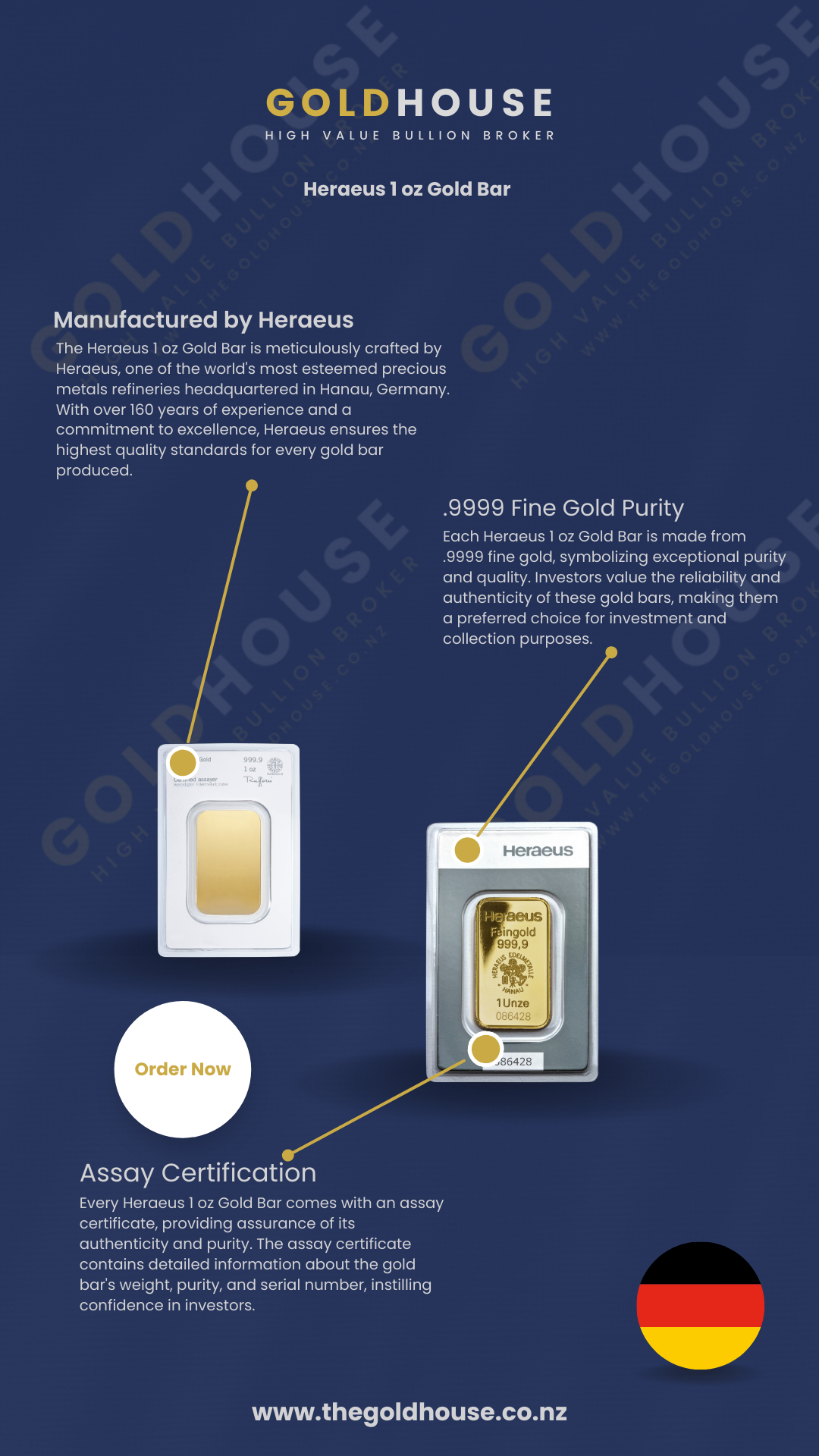 Information on Heraeus 1 oz Gold Minted Bar at The Gold House