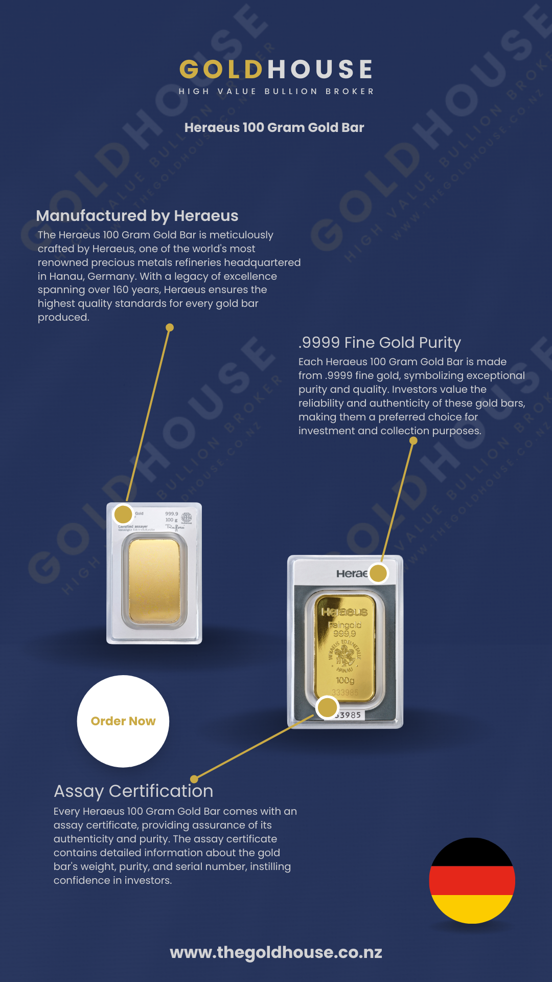 Information on 100 Gram Heraeus Gold Bar at The Gold House