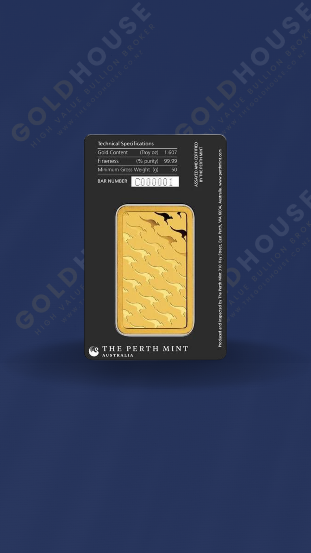 Back-Perth-Mint-Gold-Bar-50g-www.thegoldhouse.co.nz Back view of the Perth Mint 50g Gold Bar - The Gold House
