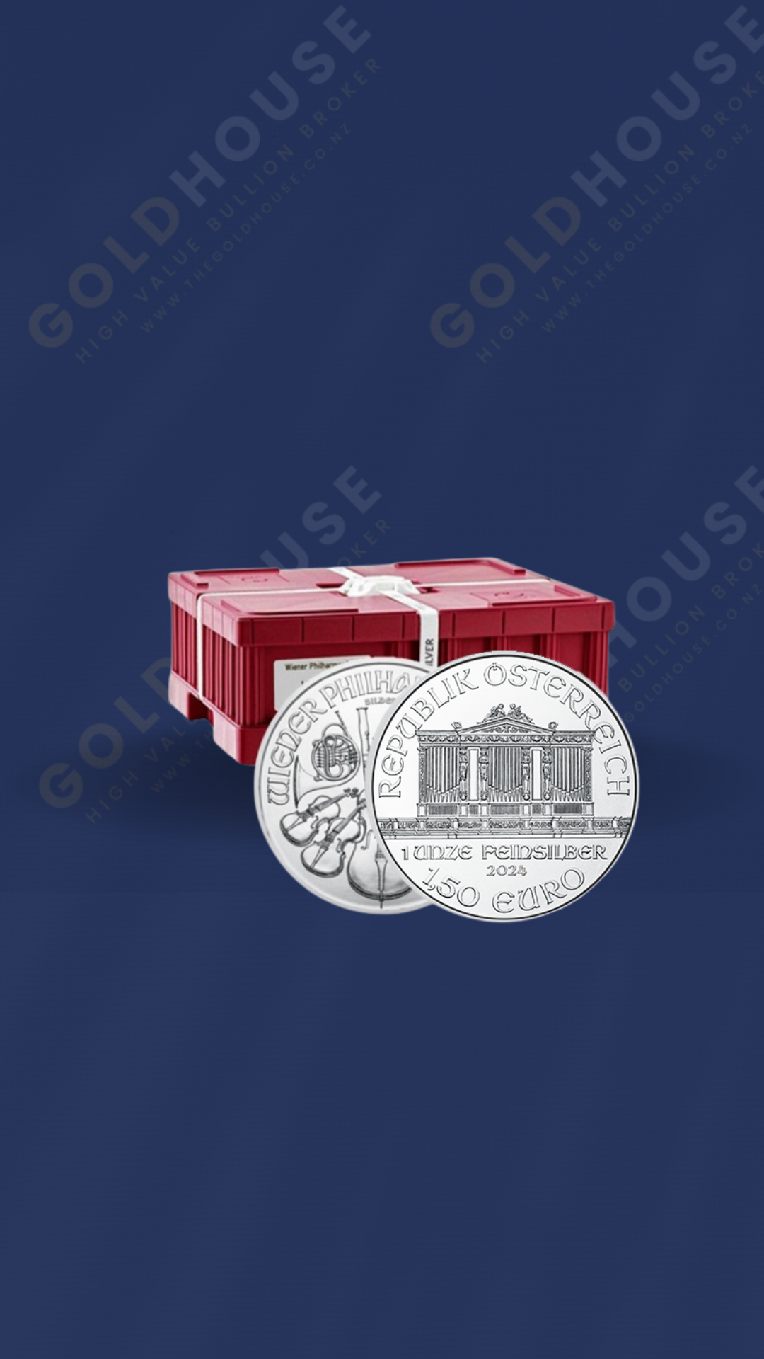 Front-Austrian-Silver-Philharmonic-2024-Monsterbox-1oz-www.thegoldhouse.co.nz Front view of the 2024 Austrian Silver Philharmonic Monster Box containing 1oz silver coins - The Gold House