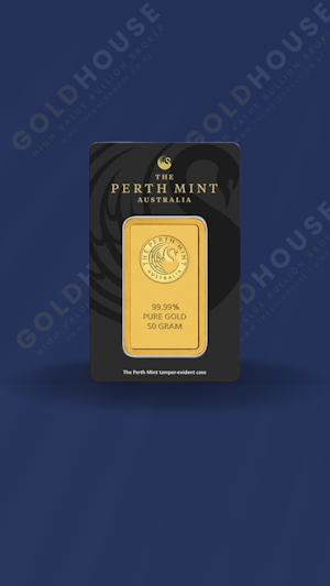 Front view of the Perth Mint 50g Gold Bar - The Gold House