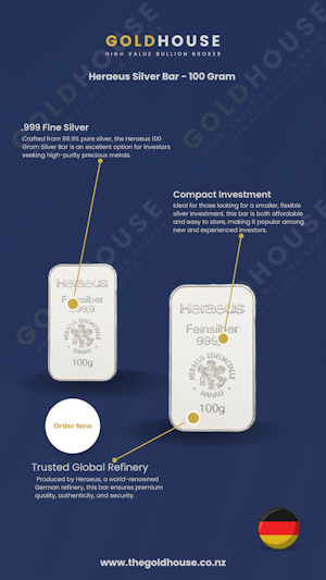 Information-100-gram-silver-bar-heraeus-www.thegoldhouse.co.nz Information about the 100-gram Heraeus silver bar - The Gold House
