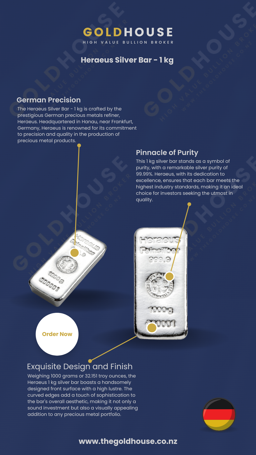 This image provides key information about the 1-kilo Heraeus silver bar, made from .999 fine silver. Known for its exceptional quality, Heraeus ensures that this cast bar is a reliable choice for those looking to invest in precious metals. With its substantial weight and size, this 1kg silver bar is ideal for serious investors, providing an efficient way to enhance your portfolio. Discover the specifications, benefits, and investment potential of this silver bar and explore our full range of bullion products at www.thegoldhouse.co.nz.